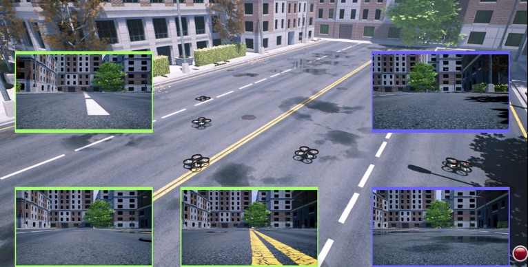 Rendering of drones on a street and insert images of view from the drones.